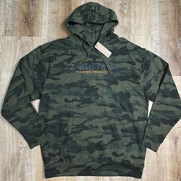 NEW Simms Men's XL Logo Hoodie Woodland Camo Graphic Pullover Fishing Relaxed - Picture 2 of 6